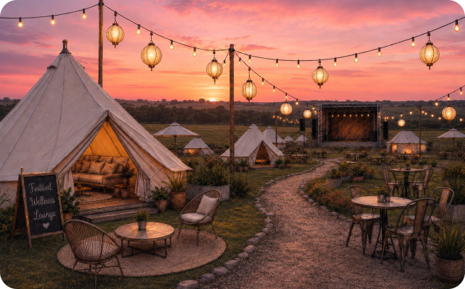 A lantern-lit festival village at sunset